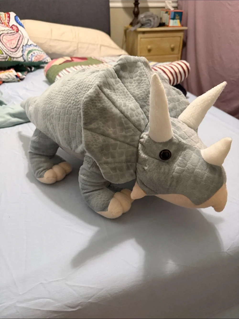 Plush Triceratops  dinosaur -Stuffed Animal - Light Gray with Cream Accents